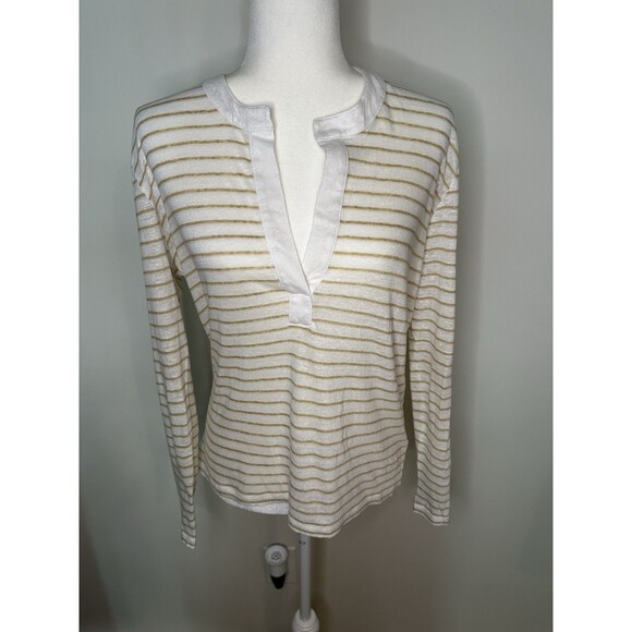 Vineyard Vines Henley Striped 100% Linen Top Women’s Small Tan / White NWT #1269 - Picture 1 of 6